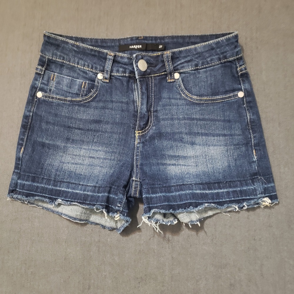 Harper Denim Shorts Womens 27‎ Blue Dark Wash Raw Hem Stretch
